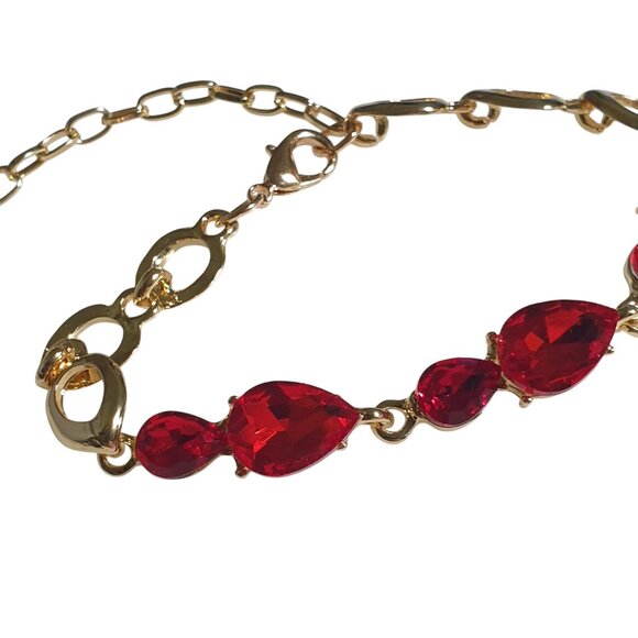 Gold Tone Chain Bracelet Red Teardrop Gemstones Lobster Clasp Adjustable Jewelry - Picture 2 of 6